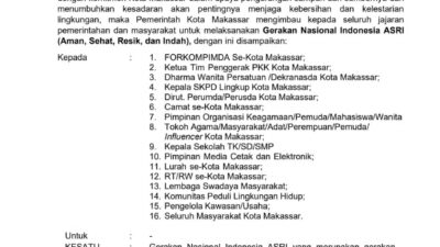 Sejalan Arahan Presiden Prabowo, Pemkot Makassar Canangkan Gerakan ASRI Tiap Selasa dan Jumat